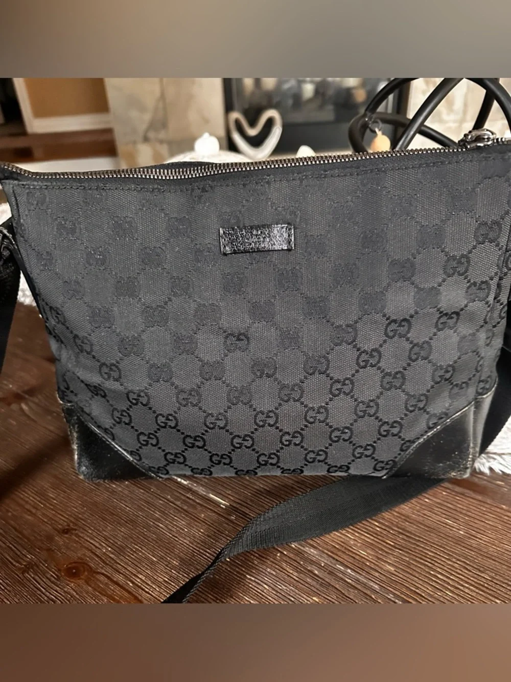 Gucci Black GG Canvas Messenger Bag with Leather Trim